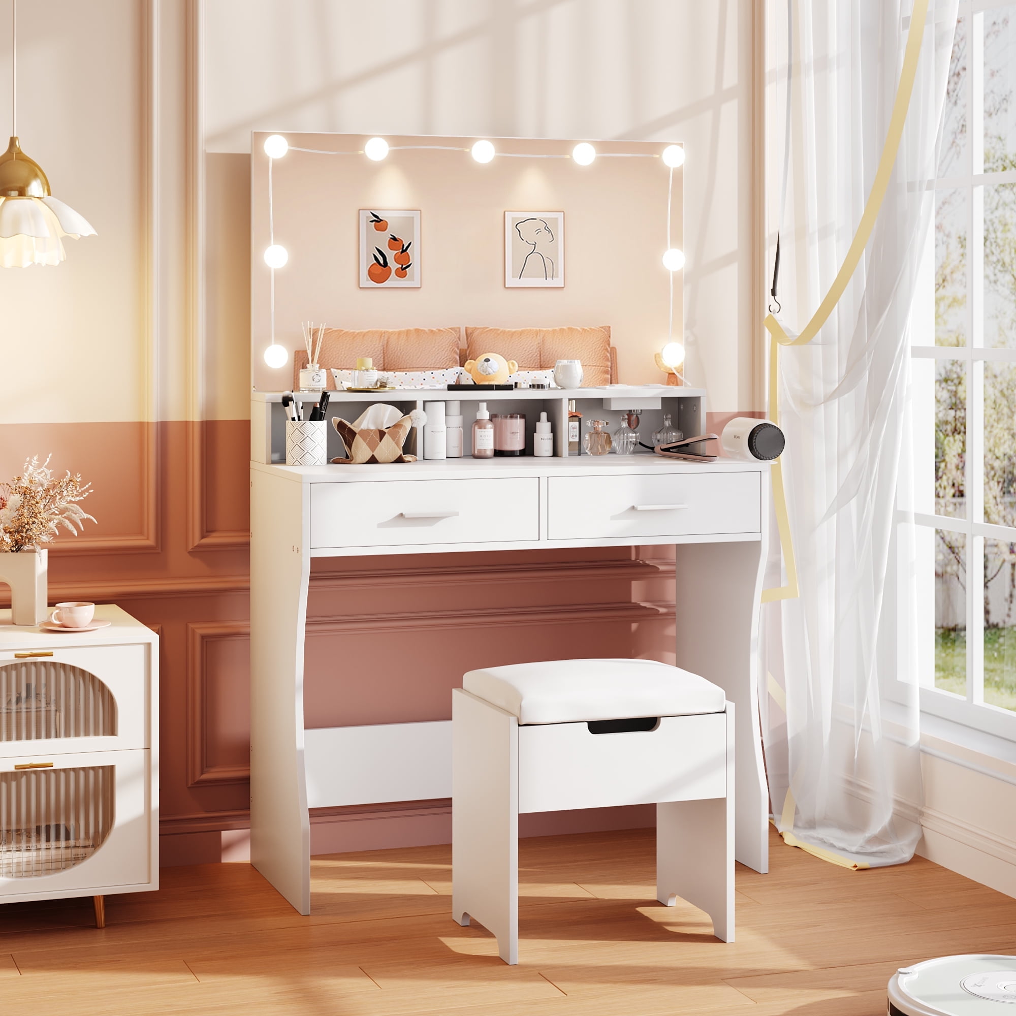 White Vanity Desk With LED Mirror & Stool - Makeup Table With Drawers, Shelves, Outlets For Bedroom