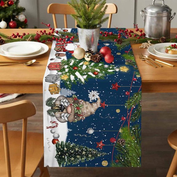 Table Runner 36 Inches Long - Xmas Gnomes Pine Tree Ball Decorative Table Scarf, Winter Snowflake Navy Blue Dining Table Runners for Wedding Party Kitchen Dining Tables