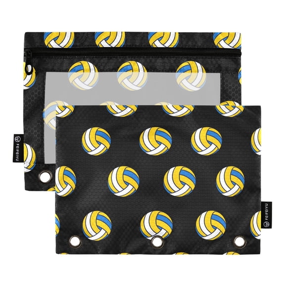 FORMRS 2 Pack Pencil Pouch for 3 Ring Binder with Clear Window Zipper Pen Case Stationery Organizer, Black Volleyball Pattern