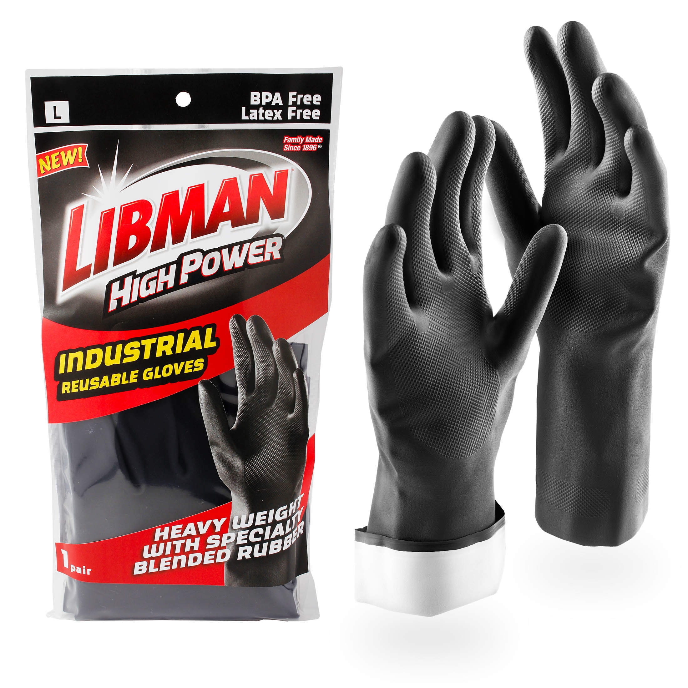 (10 pack) Libman Black Industrial Grade Rubber Blended Reusable Gloves