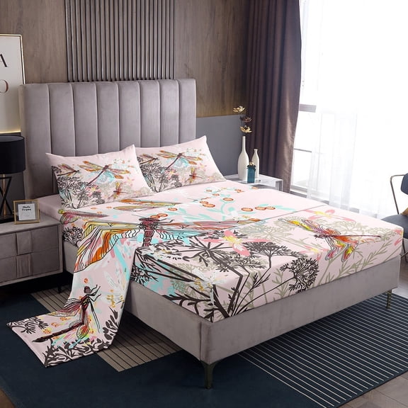 Erosebridal Animal Dragonfly Sheet Set Twin,Mother'S Day Gifts Bedding Sets Twin Size,Pink Blue Twin Sheet Sets,Lightweight Flower Bedroom Decoration,3pcs