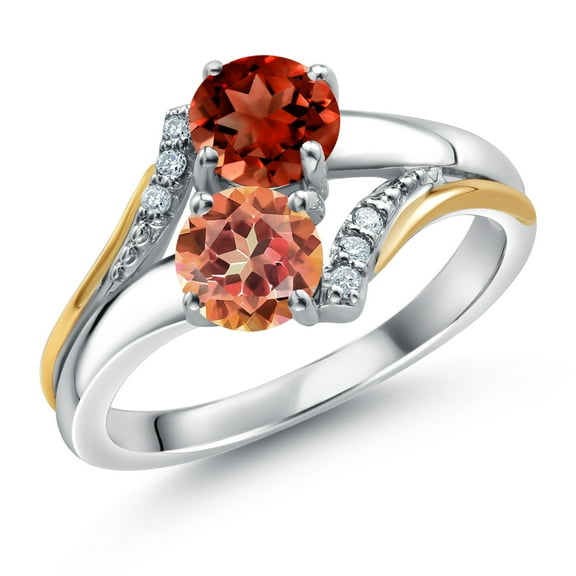 10K Yellow Gold and 925 Silver Ecstasy Mystic Topaz and Red Garnet and White Lab Grown Diamond Accent Engagement Ring for Women (2.03 Cttw, Gemstone November Birthstone, Round 5MM, Size 9)