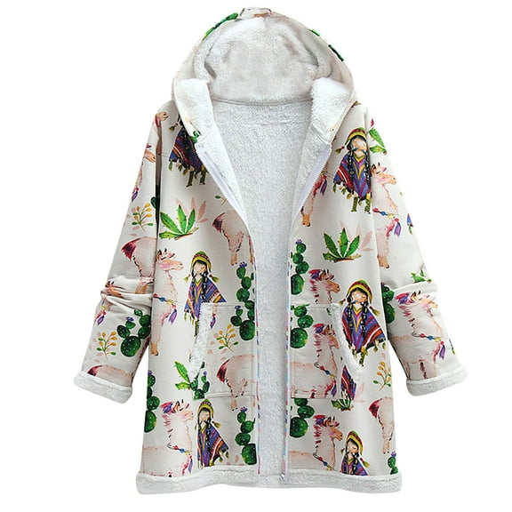 Women Zip Up Floral Print Sherpa Fleece Lined Hooded Jacket Winter Warm Patchwork Long Sleeve Fuzzy Coat with Pocket