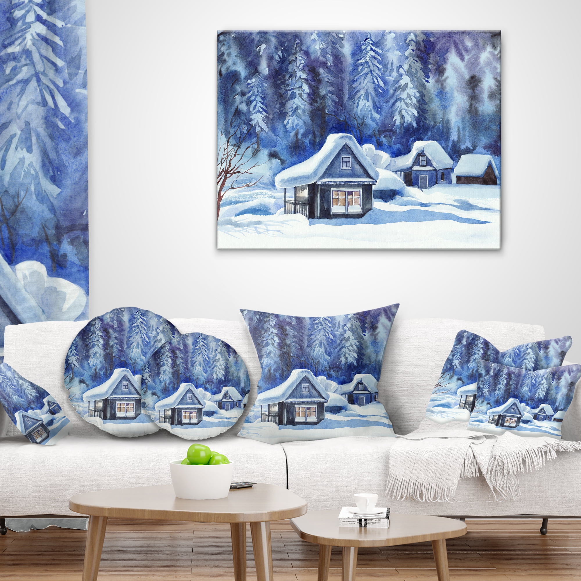 Designart Blue Winter Cottages - Landscape Printed Throw Pillow - 12x20