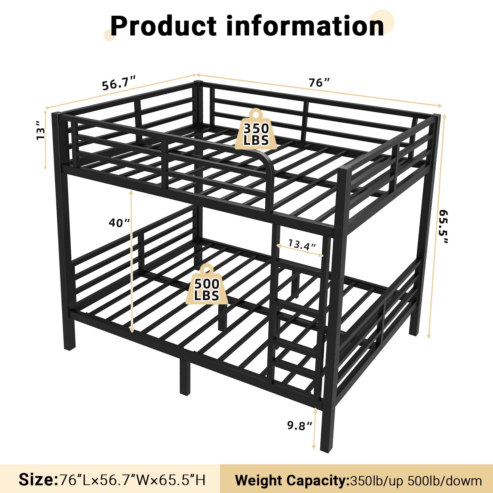 Miniyam Full over Full Metal Bunk Bed Frame with Dual Guardrails and Ladders, Heavy-Duty Quiet Design, Black