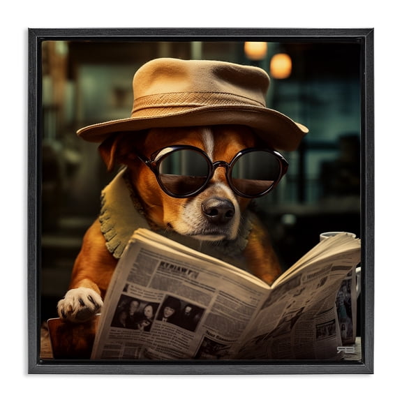Stupell Industries Traditional Dog Reading Newspaper Black Floating Frame Canvas Art, 18 x 18, by RB