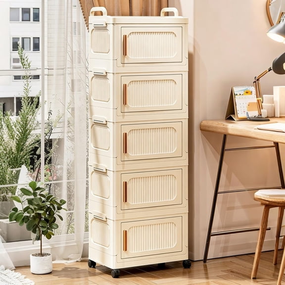 5-Tier Foldable Storage Cabinet with Wheels & Magnetic Doors, Heavy-Duty 23 QT Stackable Storage Bin Organizer, Rolling Cart for Kitchen, Pantry, Dorm