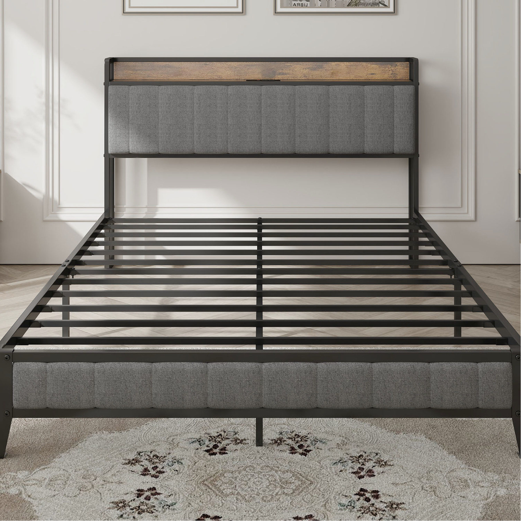 Dark Gray Queen Bed Frame - Upholstered Headboard & Metal With Charging Size Station Headboard, Platform, Color