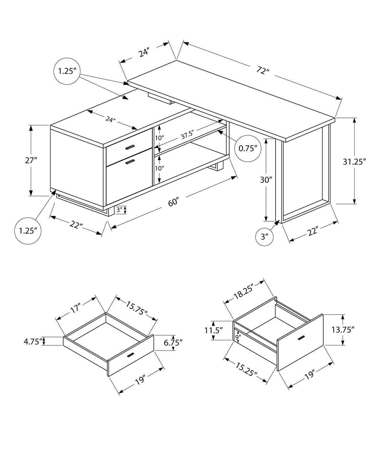 Monarch Specialties Bureau, Bureau À Domicile, Coin, Tiroirs De Rangement, 72"l, Forme De L, Travail, Ordinateur Portable, Métal, Stratifié, Noir, Gris, Contemporain, Moderne