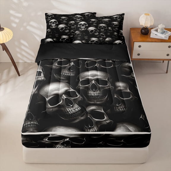 Homewish Horror Gothic Skull Zipper Twin Comforter Sets with Fitted Sheet and 2 Pillowcases,Halloween Themed Zipper Bedding Set,Gray,Black Reversible,4pcs