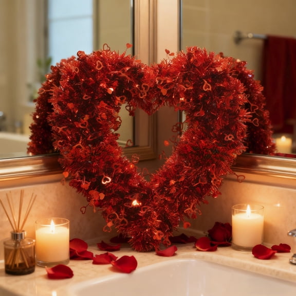 Tarmeek Valentines Day Heart Wreath, 14 Inch Romantic Red Artificial Floral Garland Hanging Decor for Door, Wall, Mantel Indoor Outdoor Valentines Day Decorations
