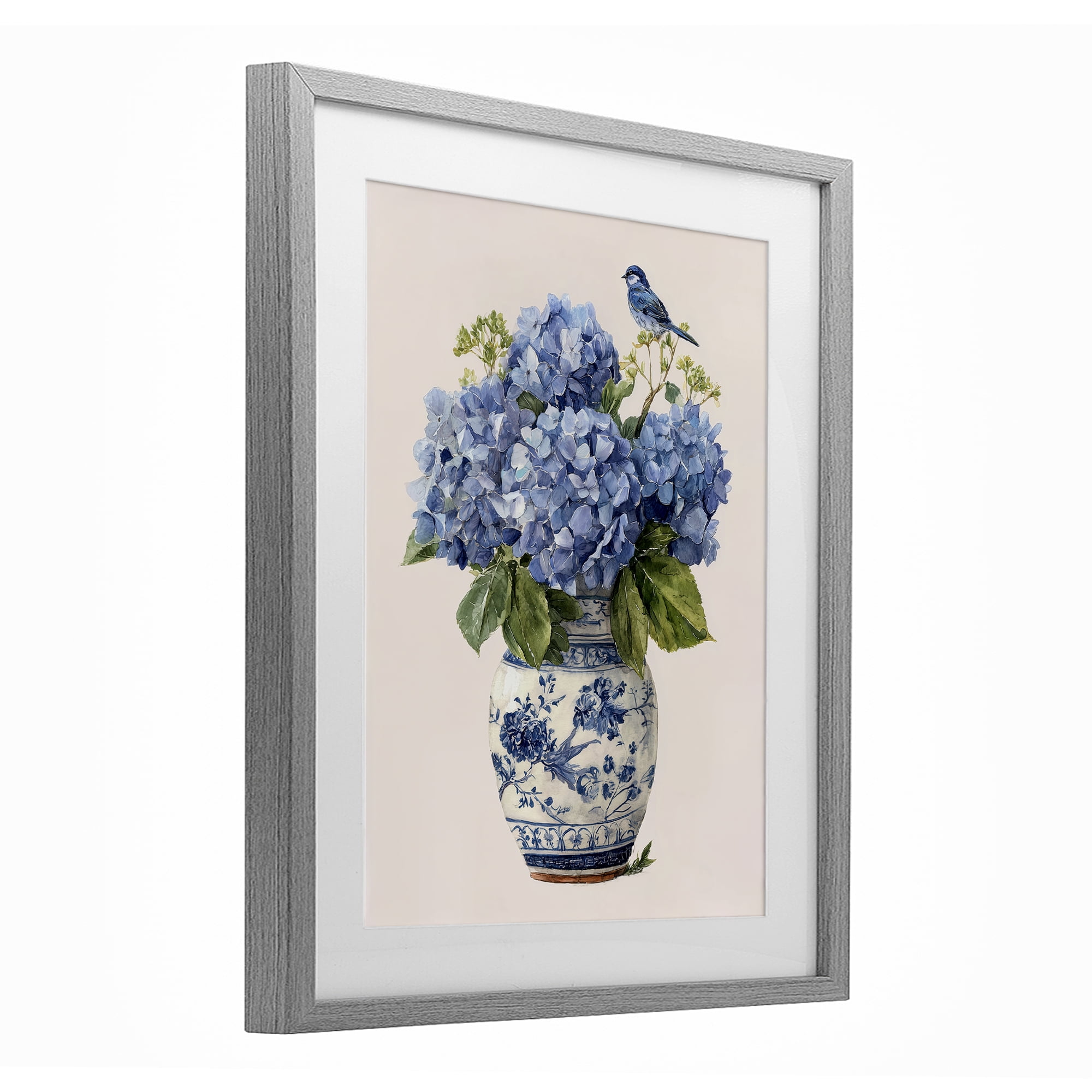 Stupell Industries Songbird Perched on Hydrangeas Gray Framed Print Under Glass, design by Imagine It Images