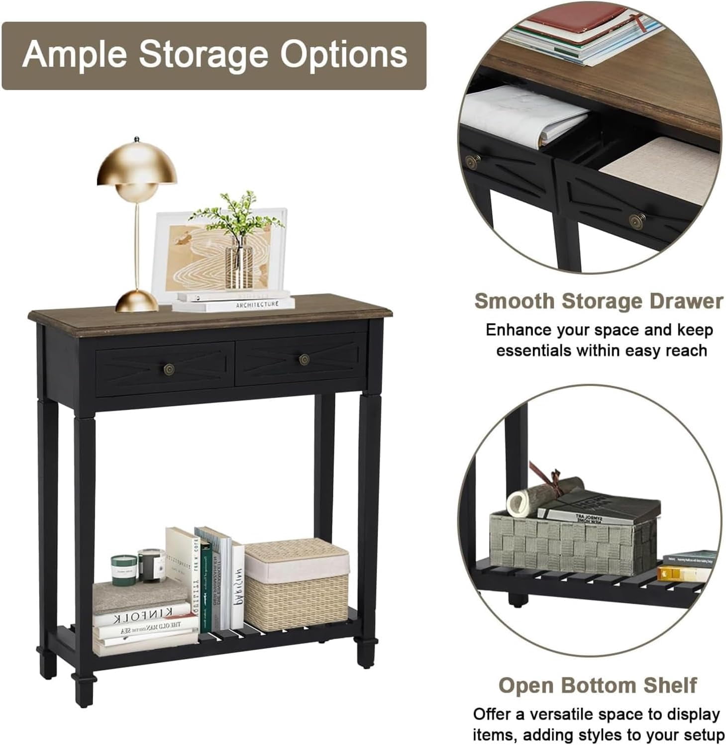 Narrow Entryway Table - Console Table with 2 Drawers, Wood Sofa Table with Storage Shelf, Couch Table Behind Sofa, Farmhouse Entryway Table for Hallway Entryway Living Room, Black
