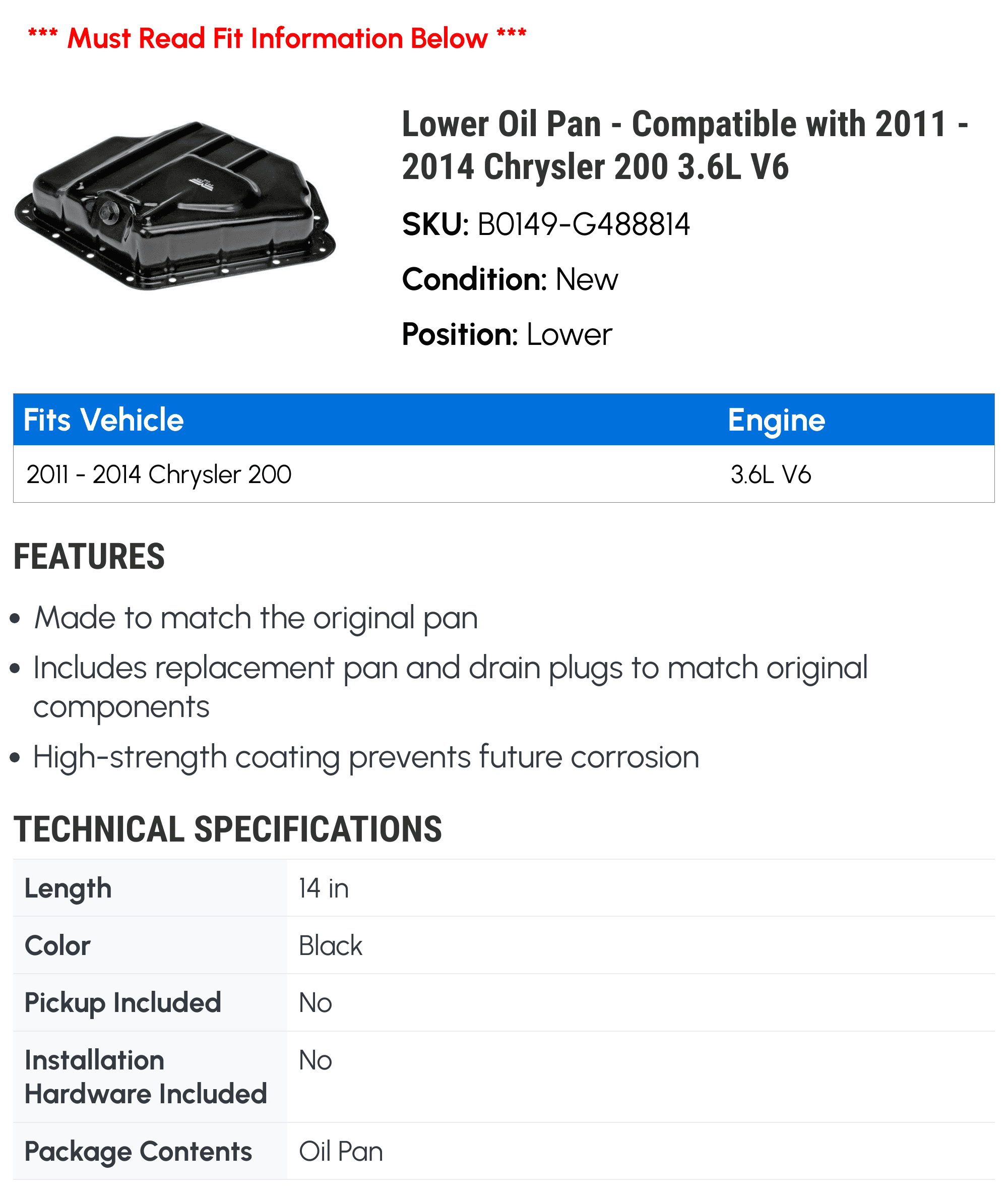 Lower Oil Pan - Compatible with 2011 - 2014 Chrysler 200 3.6L V6 - Dorman