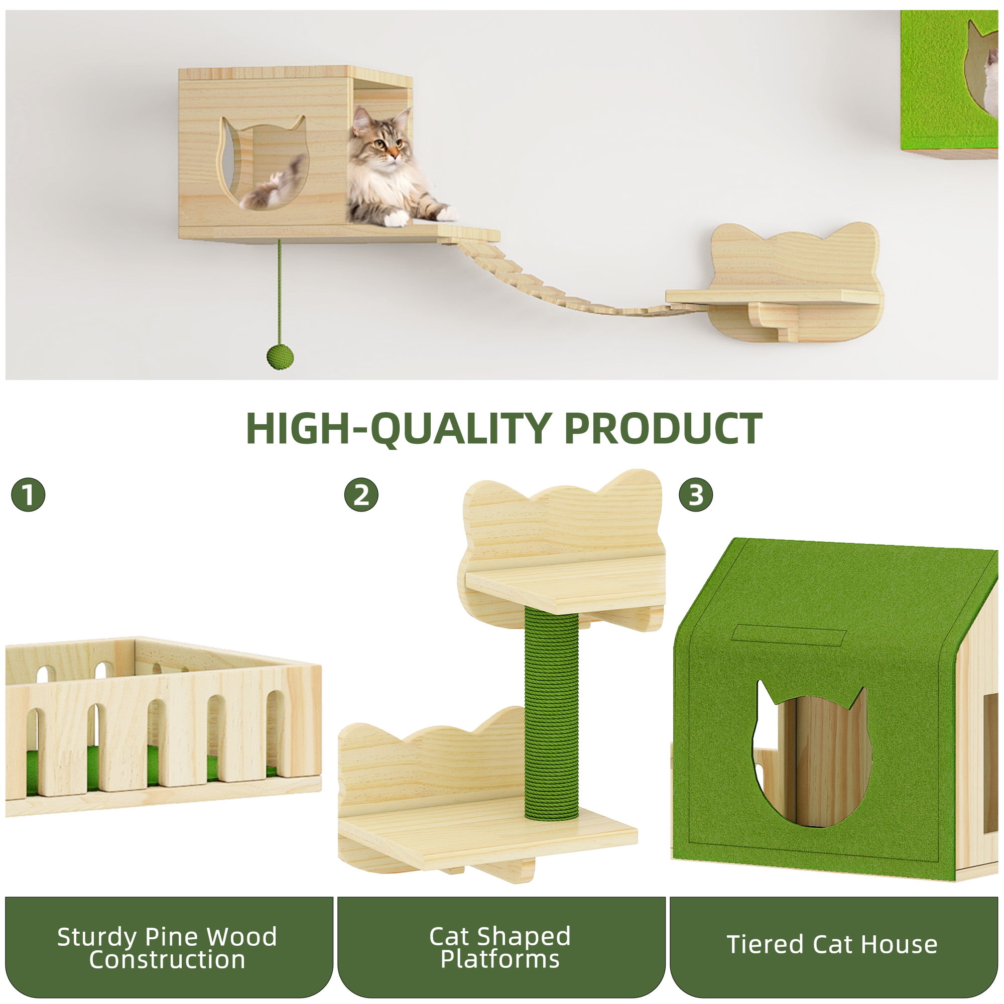Uforic Cat Wall Shelves and Perches, Wooden Wall-Mounted Cat Furniture Set of 16 with 3 Cat House, 7 Shelves, 2 Sisal Posts & Hanging Balls for Indoor, Green & Wood