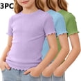 thumbnail image 2 of KyCheLot 3 Pack Ribbed Knit Tops for Girls Crew Neck Solid Color Short Sleeve T-Shirts Trendy Ruffle Trim T-Shirts, 2 of 5