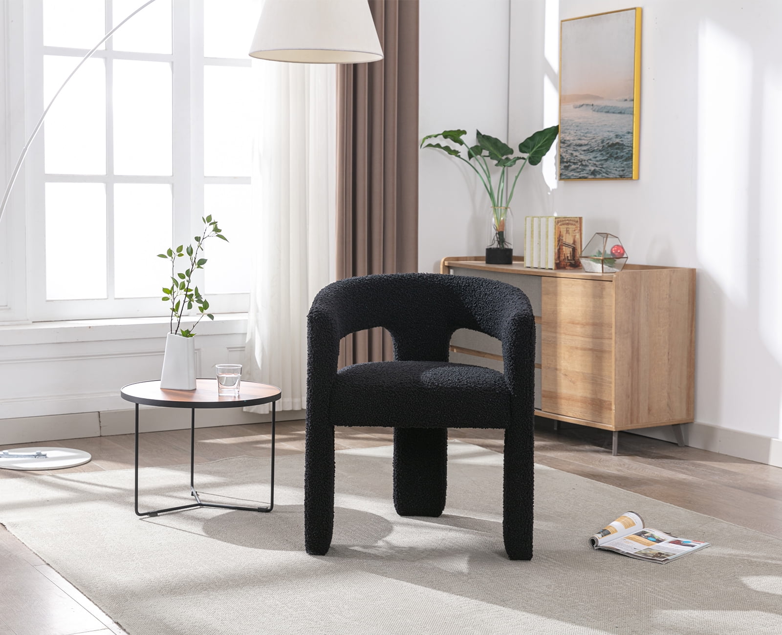 Guyou Modern Faux Fur Upholstered Dining Chair, Cute Barrel Side Armchair Kitchen Chair with Armrests and Back for Living Room Dining Room Bedroom, Black