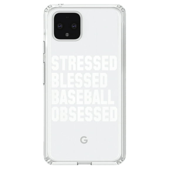 DistinctInk Clear Shockproof Hybrid Case for Google Pixel 4 (6.1" Screen) - TPU Bumper Acrylic Back Tempered Glass Screen Protector - Stressed Blessed Baseball Obsessed
