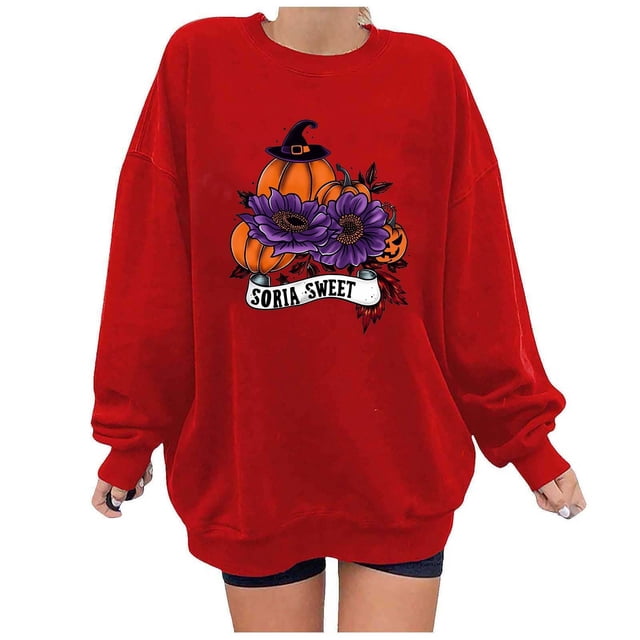 KIHOUT Chandails en Molleton pour Femmes Imprimé Citrouille Pull Ample Graphique Manches Longues Épaules Tombantes Col Rond Surdimensionné Mignon Automne Hiver Halloween Sans Capuche, Taille S-2TG