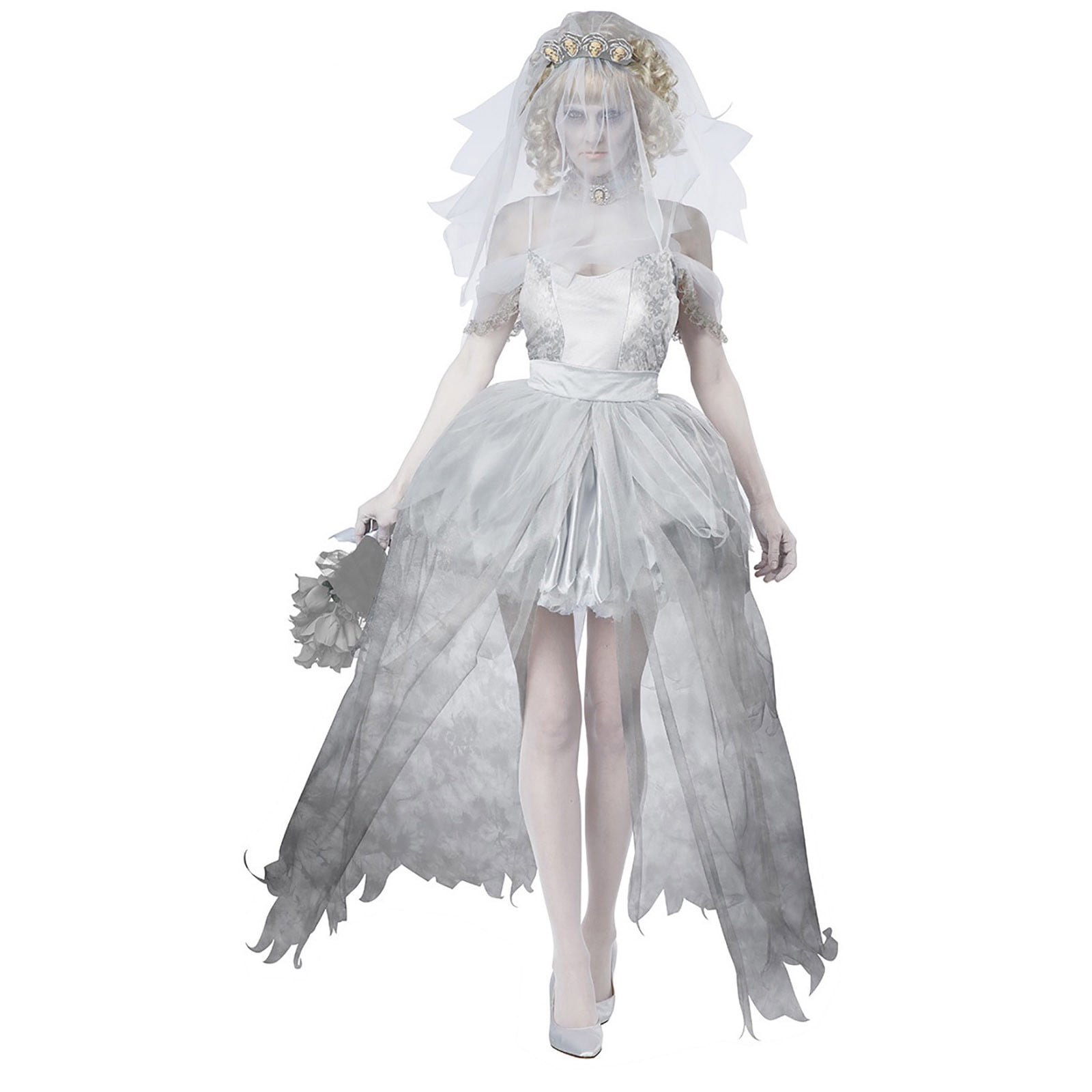 White Ghost Costume Women with Mesh Veil Off the Shoulder High Low