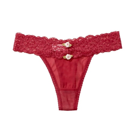 QYZEU Underwear for Women Flower Decor Translucent Panties Plus Size Women s Low Waist Lace Briefs Solid Color Cotton Crotch Underwear Panties Red M