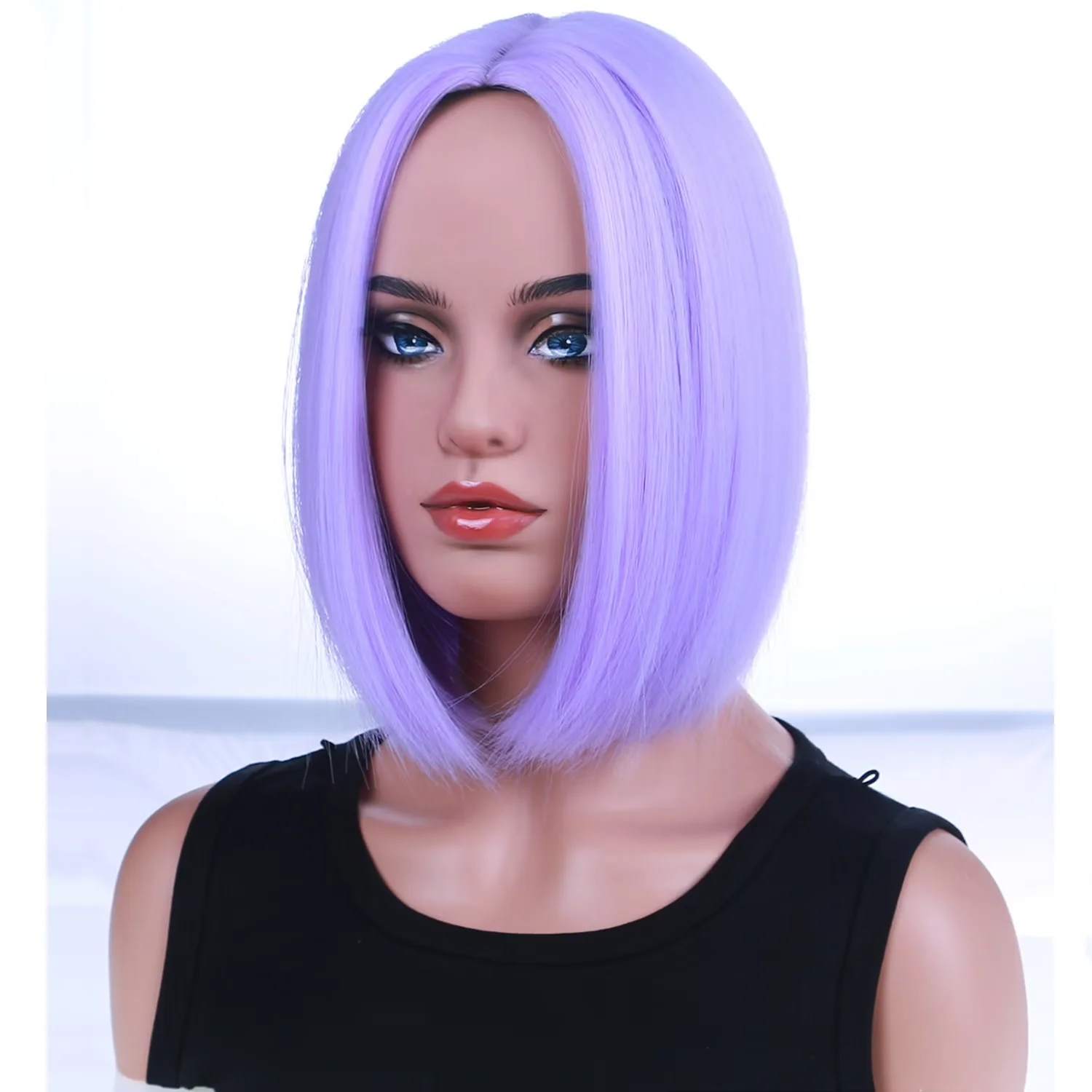 RightOn 10 Inches Light Purple Bob Wig With Middle Part Bangs Short Wig for Women Daily Use