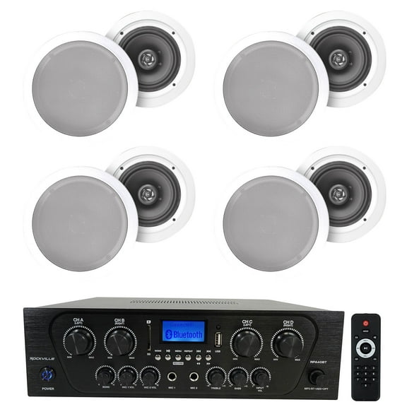 Rockville RPA40BT 4-Room Home Audio Kit Receiver (8) 8" White Ceiling Speakers