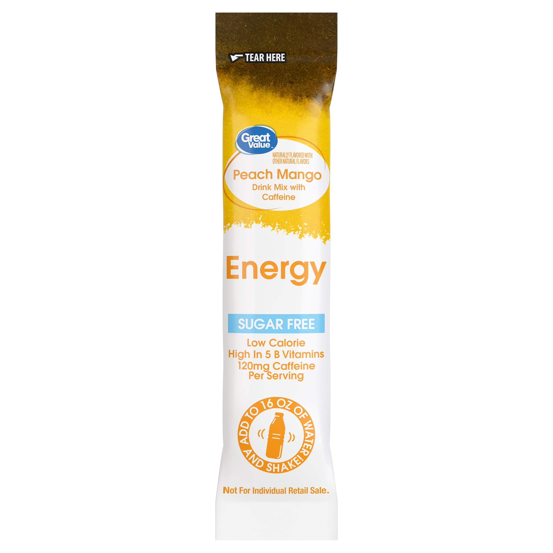 Great Value Energy Peach Mango Drink Mix Packets, Caffeinated, Sugar-Free, 10 Coun