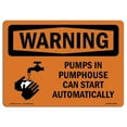thumbnail image 1 of SignMission OS-WS-A-1218-L-12350 12 x 18 in. OSHA Warning Sign - Pumps in Pumphouse Can Start with Symbol, 1 of 1