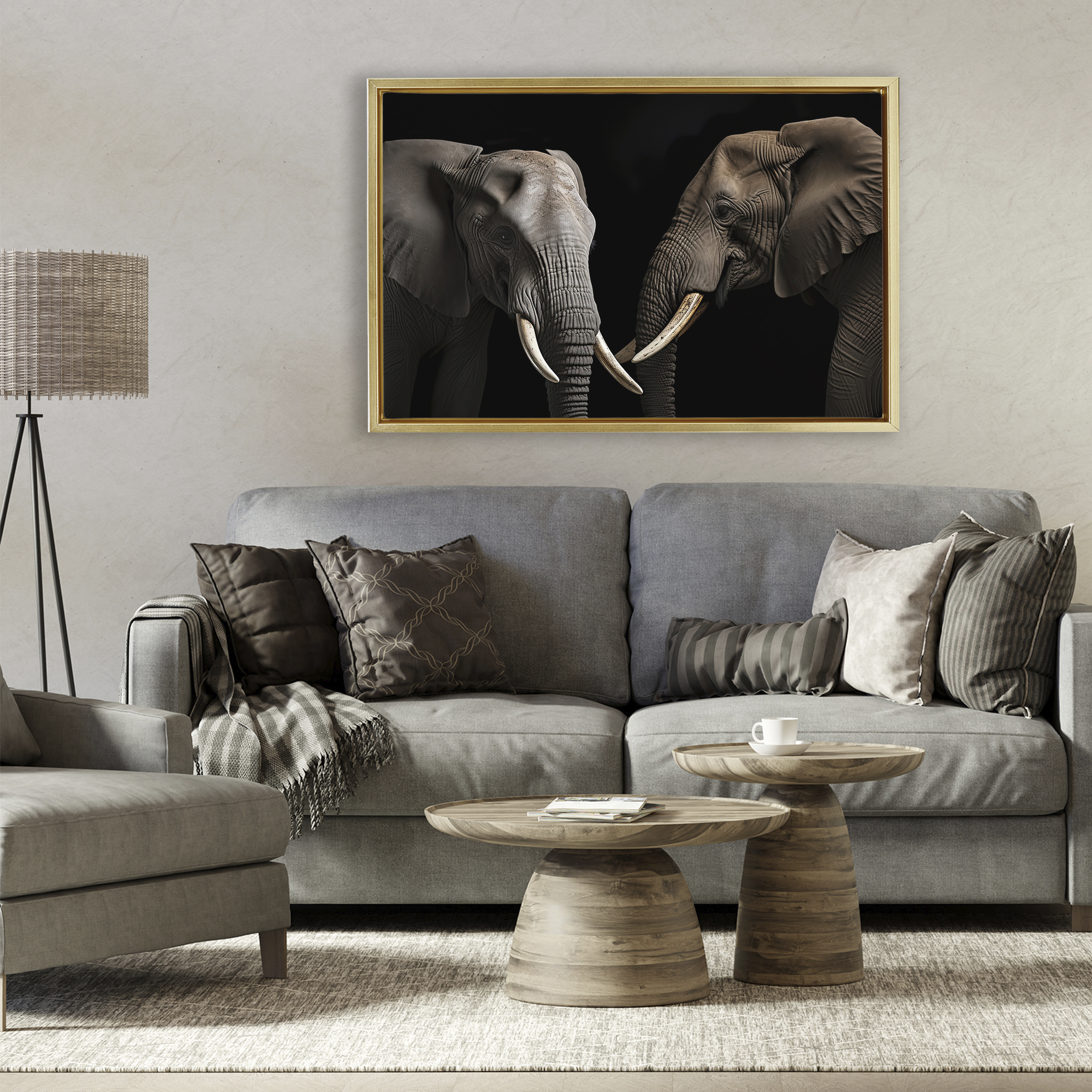 Pachyderm Elephant Pair Gold Framed Floater Canvas Wall Art, design by Decent Exposures