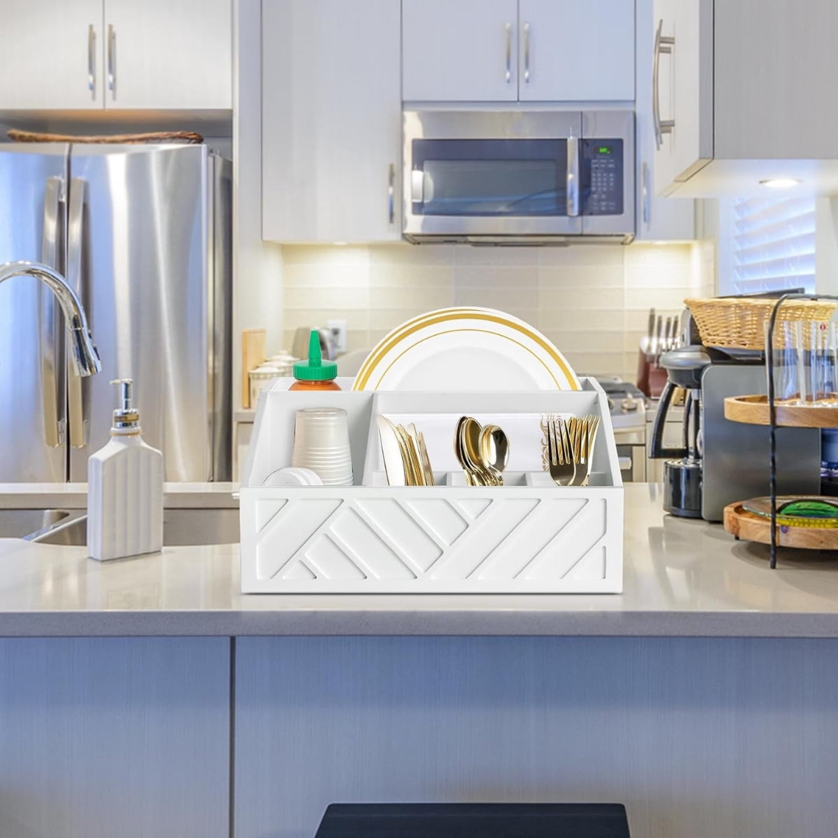 Paper Plate Dispenser, Paper Plate Holder for Kitchen Counter, Wood Silverware Utensil Caddy, Cutlery Flatware Organizer Box for Kitchen (White)