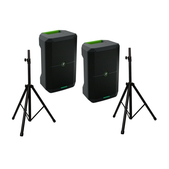 (2) Mackie Thump GO 8" Portable Battery-Powered Loudspeaker (2) MR DJ Speaker Stand