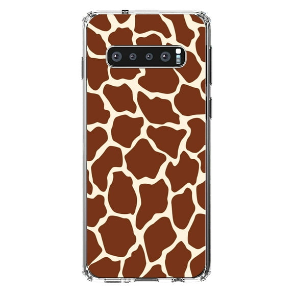 DistinctInk Clear Shockproof Hybrid Case for Samsung Galaxy S10  PLUS(6.4" Screen) - TPU Bumper, Acrylic Back, Tempered Glass Screen Protector - Brown Tan Beige Giraffe Skin Spots - Animal Print