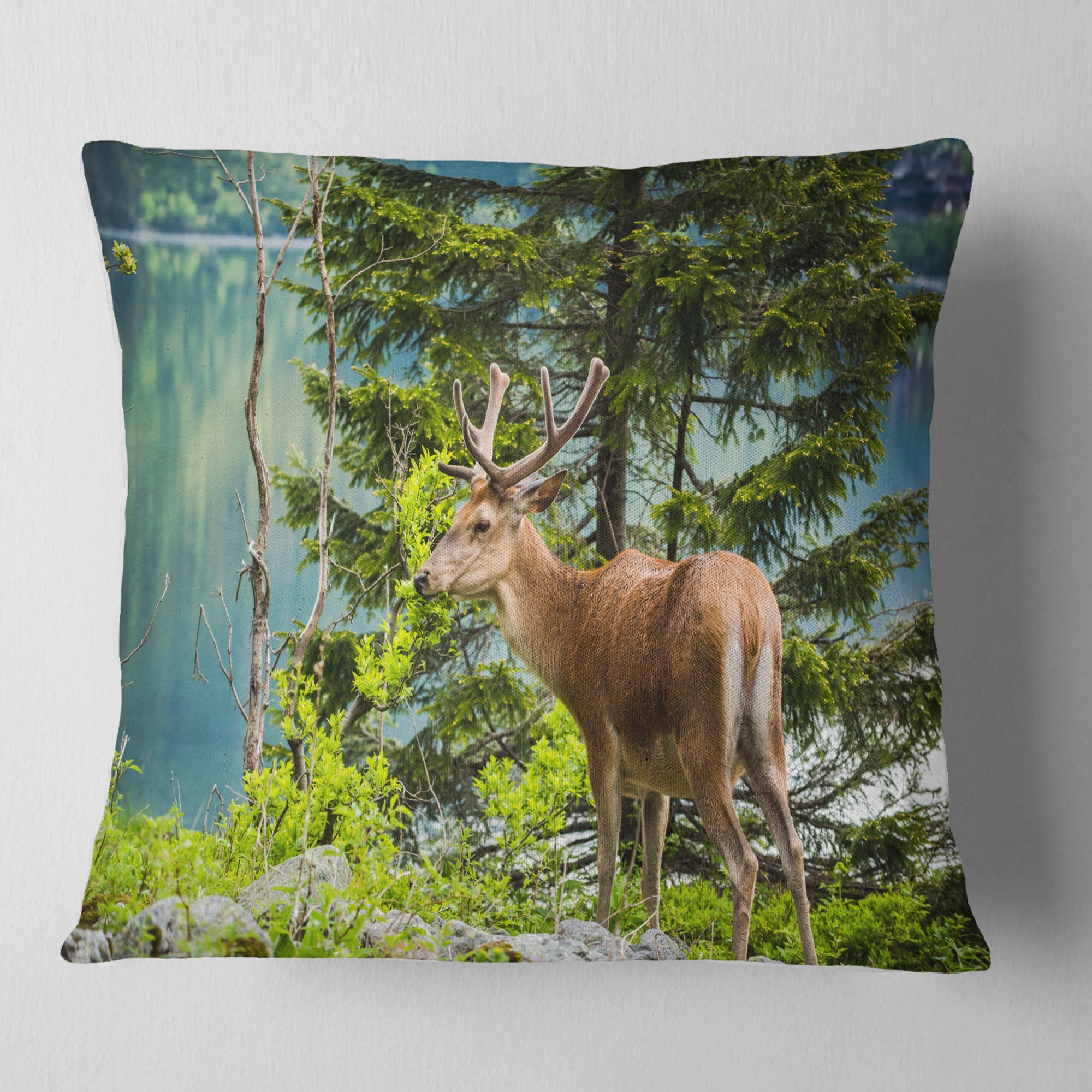 Designart Deer Stag near the Lake - Animal Throw Pillow - 18x18