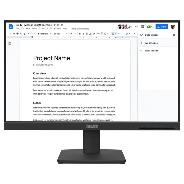 monitor led lenovo thinkvision s22 de 21.5" negro frontal, pantalla 16:9 mostrando documento, base rectangular con soporte central, bisel inferior más ancho con logo ThinkVision y botones táctiles a la derecha; resolución 1920 x 1080 (Full HD), 100 Hz, 4 ms.