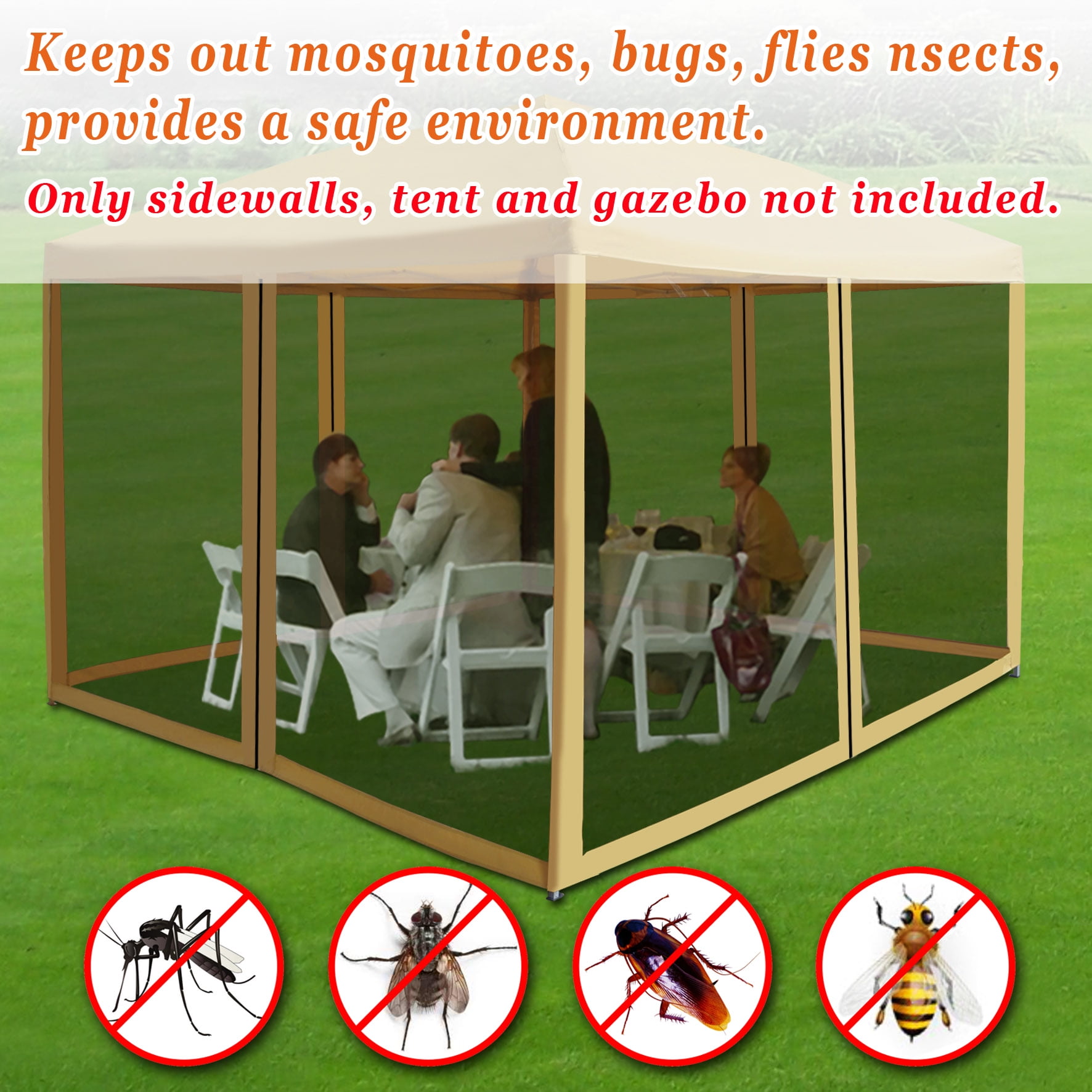Sunny Replacement Mosquito Netting for 8' x 8' Gazebo, Zippered Mesh Sidewalls Only, Pack of 4