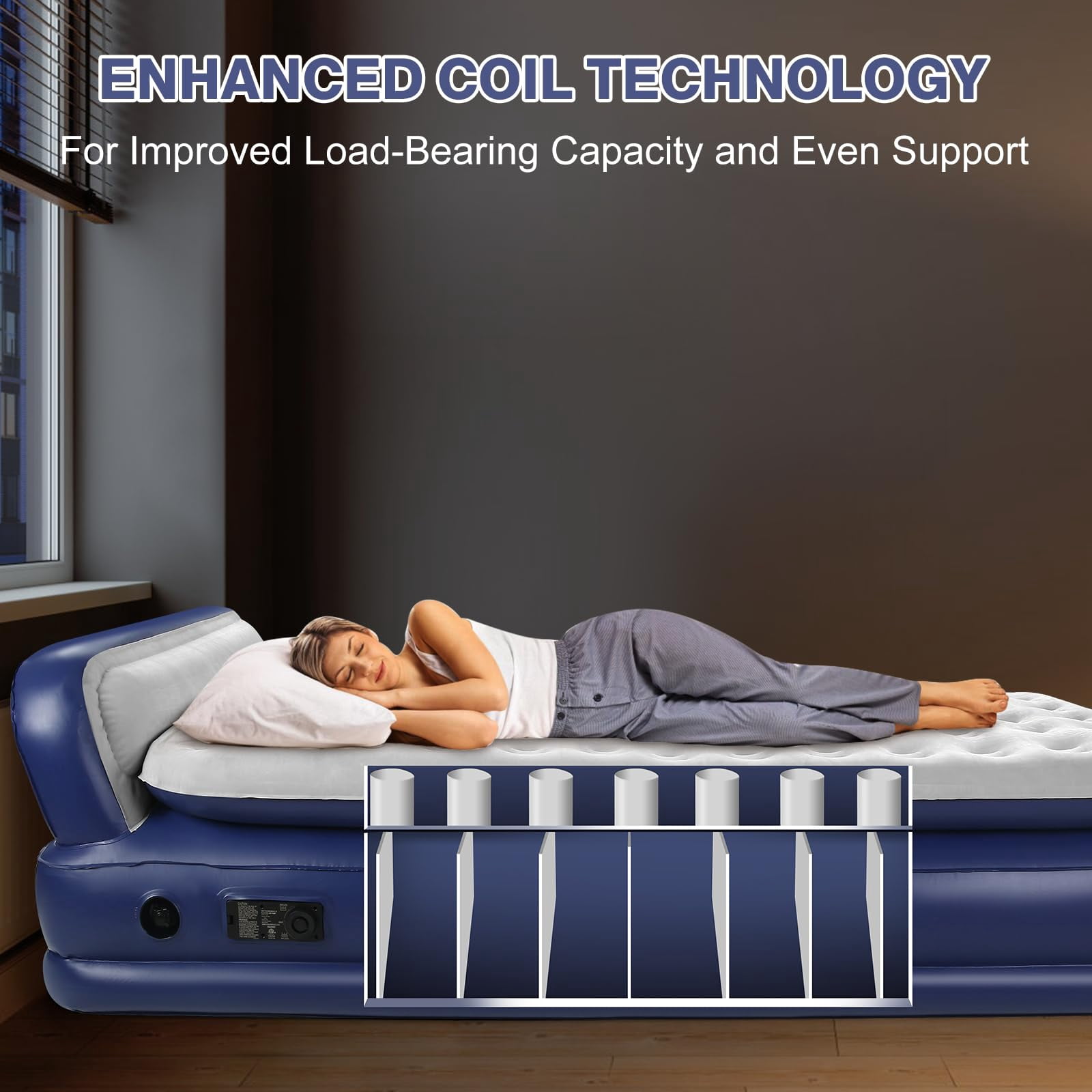 QDH Air Mattress with Headboard Twin XL Size – Built-in Electric Pump Comfort-Plush Enhanced Coil Technology Mattress for Home, Travel & Camping - Durable Blow Up Mattress