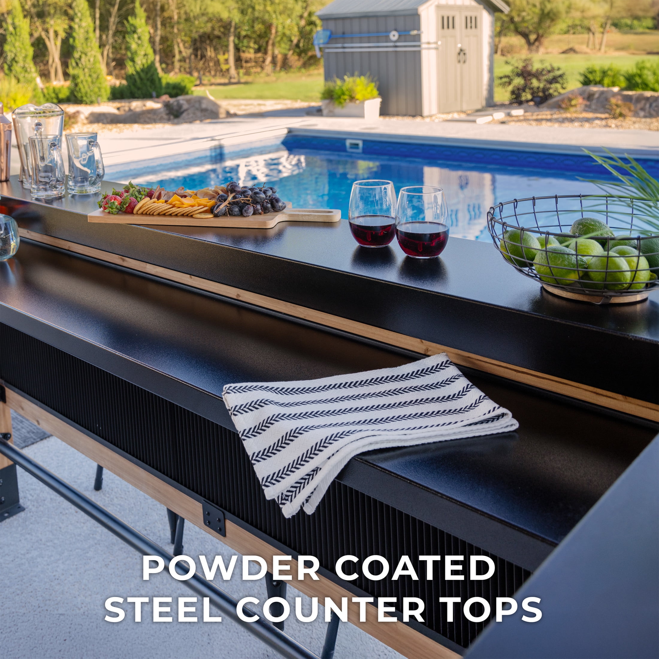 Backyard Discovery Palisade 9'x6' Cedar Wood Outdoor Bar, Galvanized Steel Roof, Bar Tops