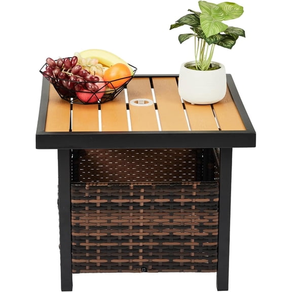 Outdoor Wicker Side Table with Umbrella Hole & Storage Space, Square PE Rattan End Table for Patio Garden Poolside Deck, Brown
