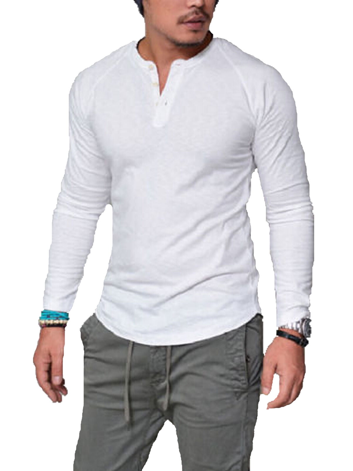 Mens Casual Polo Shirt Slim Fit V-neck Tee Long Sleeve Top T-shirt Blouse Sizes 