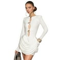 thumbnail image 5 of Women Dress Solid Crew Neck Long Sleeve Cutout Bodycon Midi Ruffled Dress Evening Gown Cream White L, 5 of 10