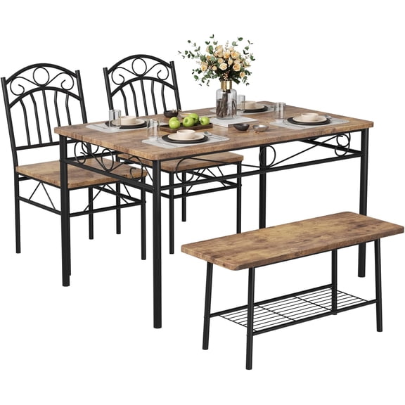 EastVita 【Dining Table Set for 4】4 Piece Dining Room Table Set,43.3" Kitchen Table Set with Chairs & Bench,Small Space,Breakfast Nook,Restaurant,Apartment,Wood