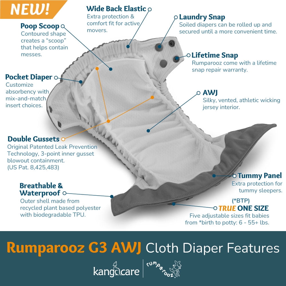 Kanga Care Rumparooz G3 AWJ Cloth Diaper Reusable One Size Pocket Diaper Patented Inner Double Gusset 2 pcs Microfiber Insert Soaker (6-55+ lbs) - Aspenglow