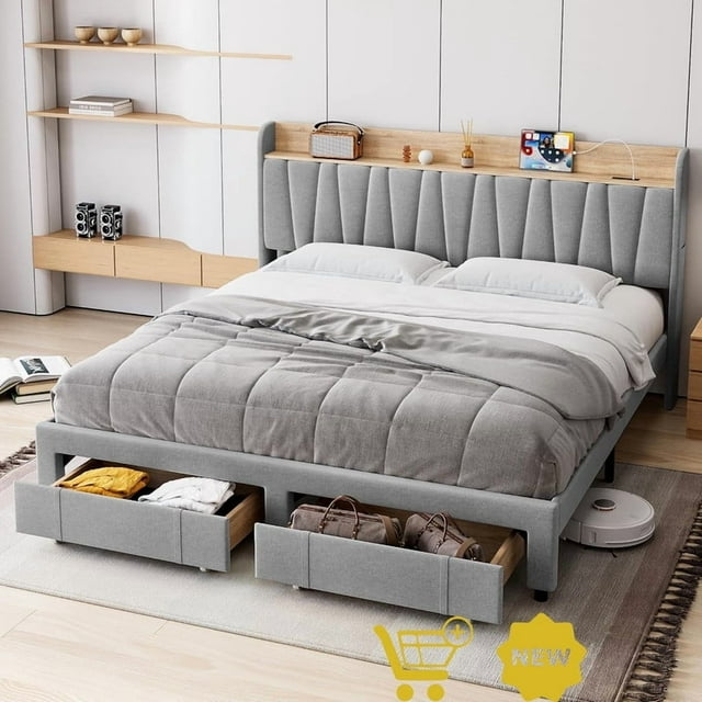 Jojoka Lit Plateforme Rembourré avec Tête de Lit de Rangement et Station de Recharge, Rangement avec Tiroir, Aucun Sommier Requis