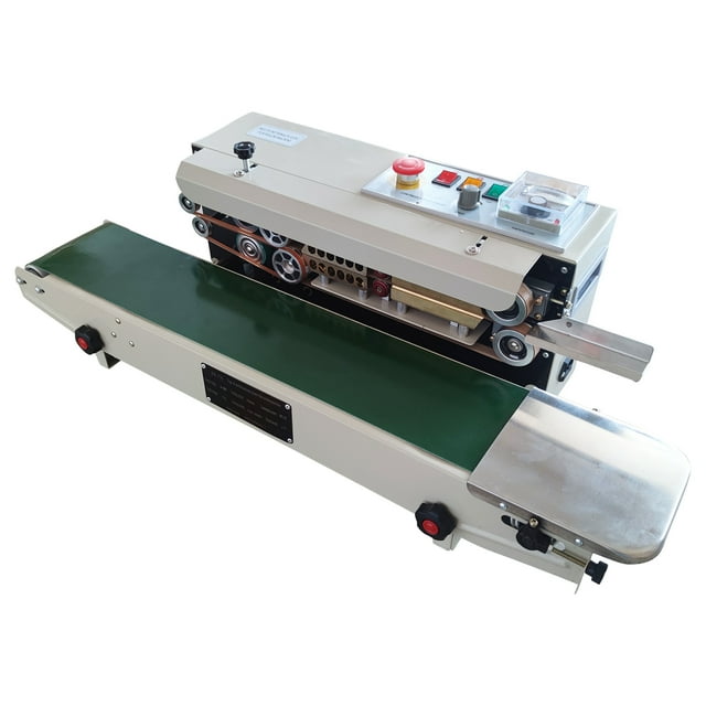 INTBUYING FR-770 Machine de Scellage Automatique Continu Film de Sac à Membrane PVC Horizontal 110V Affiché dans une Vue Frontale. Équipé d'Une Courroie de Convoyage Verte, d'Un Panneau de Commande pour les Réglages de Vitesse et de Température, et d'Un Mécanisme de Scellage en Acier. Idéal pour Sceller des films de Plastique et de Composés, Largement Utilisé dans les industries Alimentaires, Pharmaceutiques et Chimiques. Caractéristiques Incluant un Système de Chauffage à Blocs de Cuivre, une Courroie de Convoyeur à Chaîne Métallique