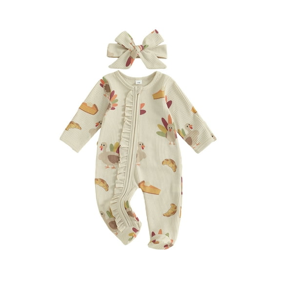Miaouyo Infant Baby Girl Thanksgiving Fall Outfits 0 3 6 12 18 Months Long Sleeve Turkey Print Ruffle Footed Zipper Romper with Headband 2 Pcs Set