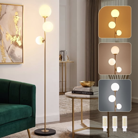 Globe Floor Lamp with 3 Glass Shades, Modern Gold Standing Lamp with LED Bulbs, 3 Color Temperature Tall Lamp for Living Room Bedroom Office Home Decor