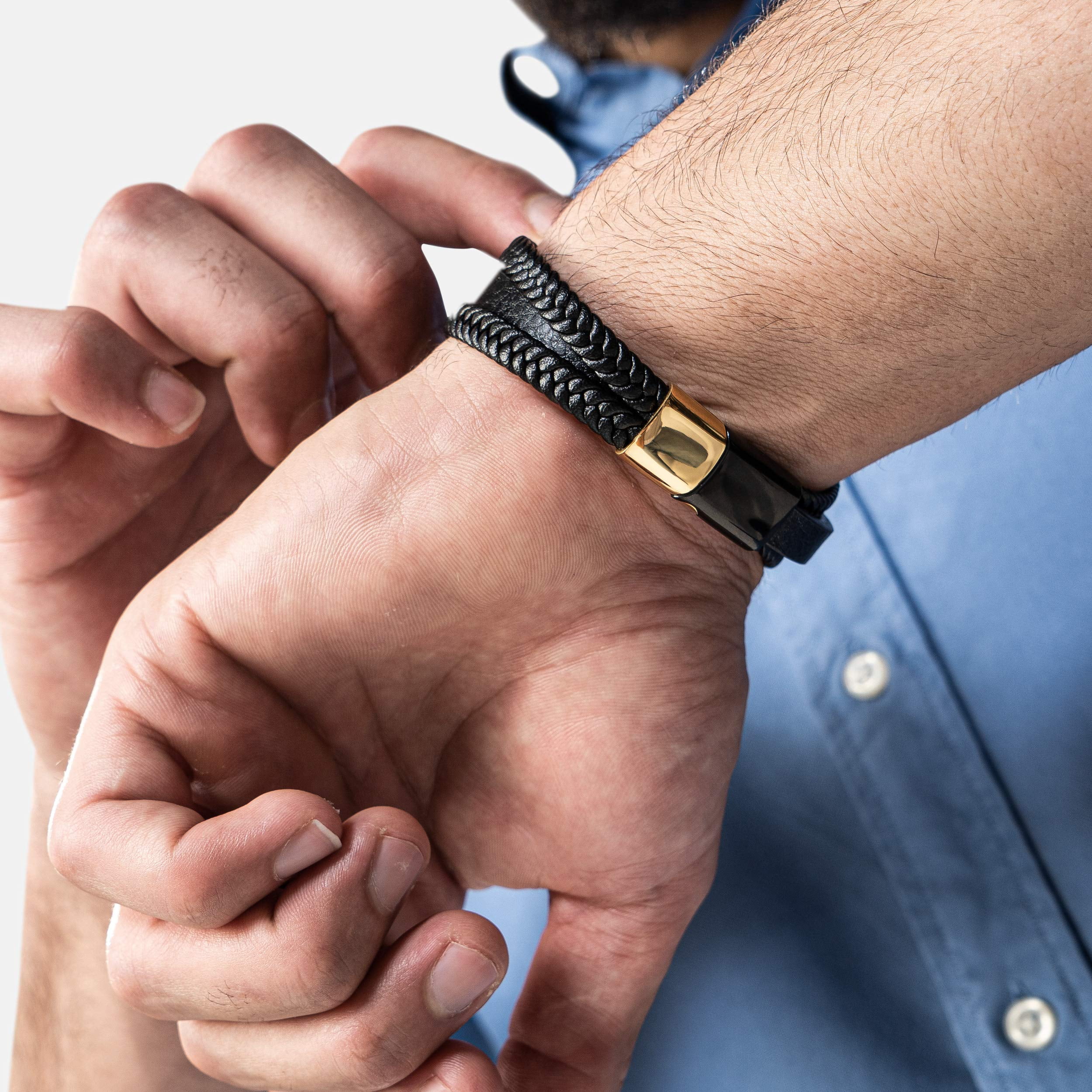 SERASAR Men's Leather Bracelet "Glory" with stainless steel magnetic closure, Gold 20cm, including gift box
