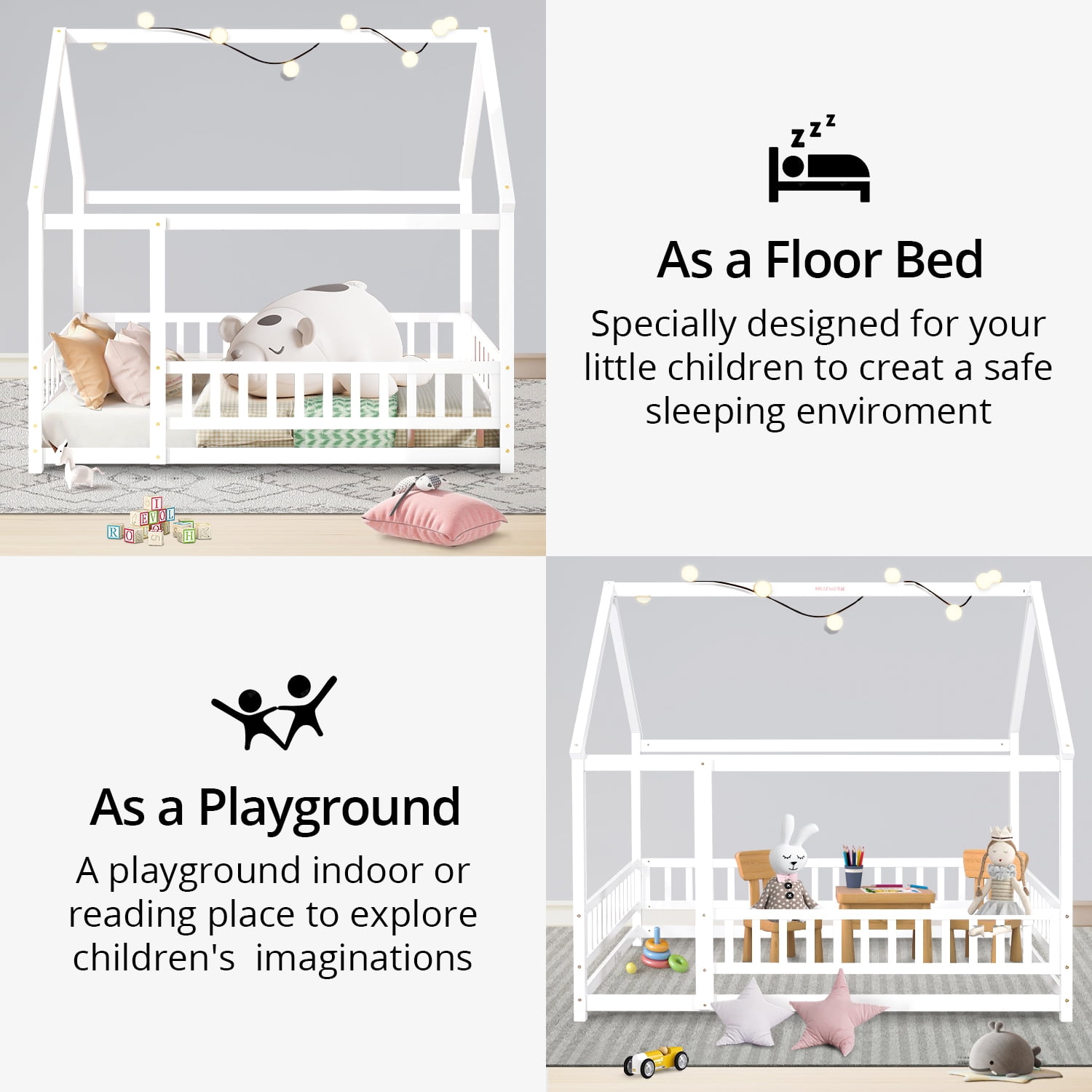 Full Size House Floor Bed with Roof, Wooden Floor Bed Frame with Door Frame and Safety Fence, Montessori House Floor Bed for Boys and Girls, White