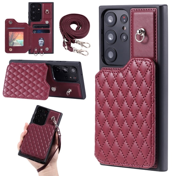 Case for Samsung Galaxy S22 Ultra, Detachable Crossbody Strap Wallet Case with Card Slots, Stand Ring Flip PU Leather Protective Cover Lanyard for Women for Samsung Galaxy S22 Ultra, Winered